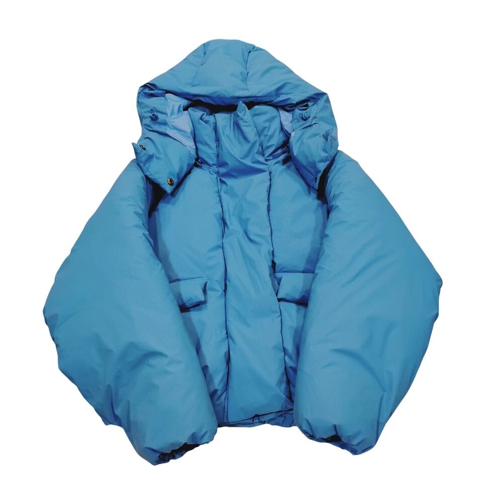 NWT Khy Jacket Womens L Blue Hooded Puffer Short Elastic Hem Zip Pockets Winter